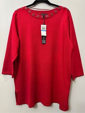 Cable & Gauge Red Sweater XL NWT Grommet Neck Studded 3/4 Sleeve Tunic Pullover